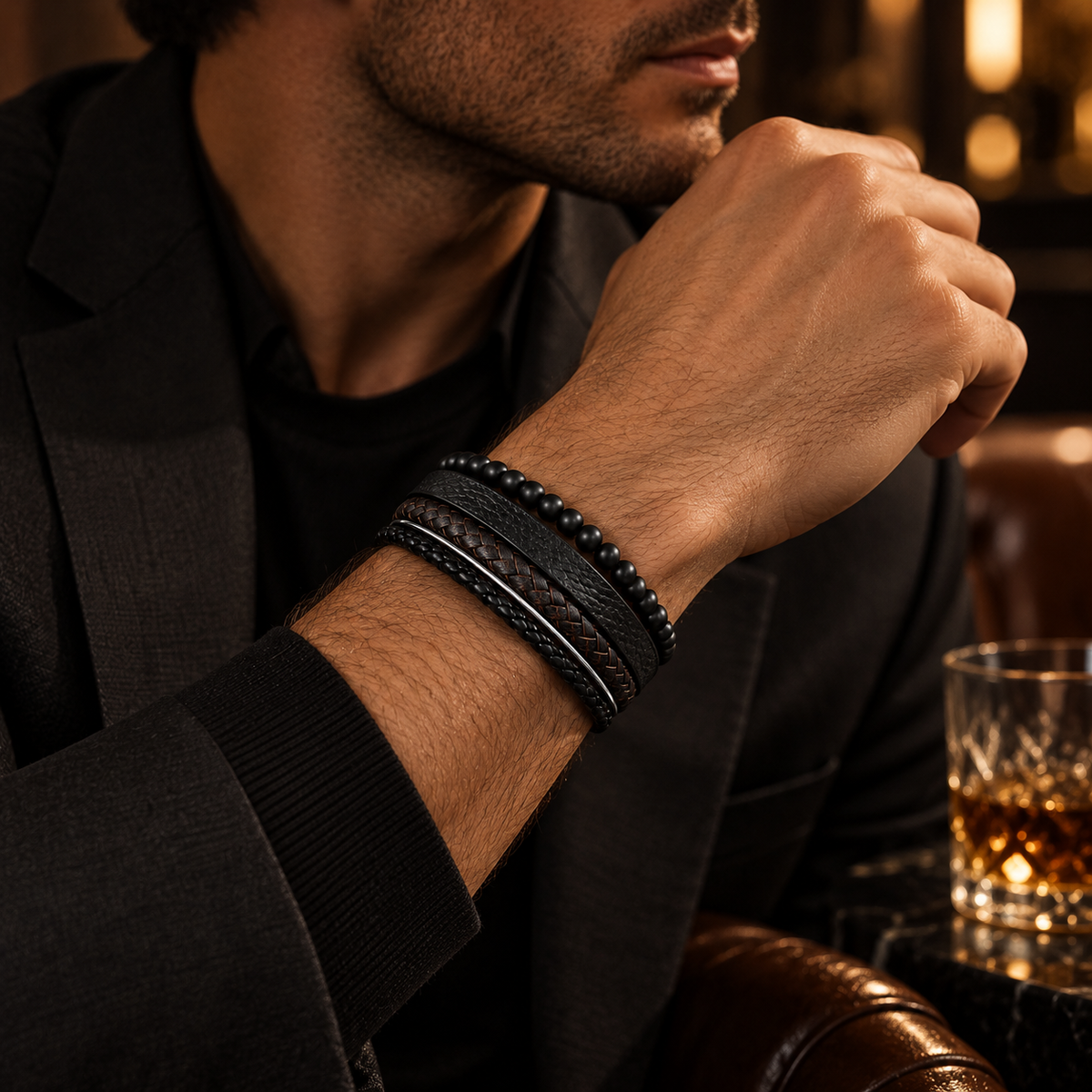 Gentleman in black suit touching chin wearing Men's black onyx leather cuff bracelet
