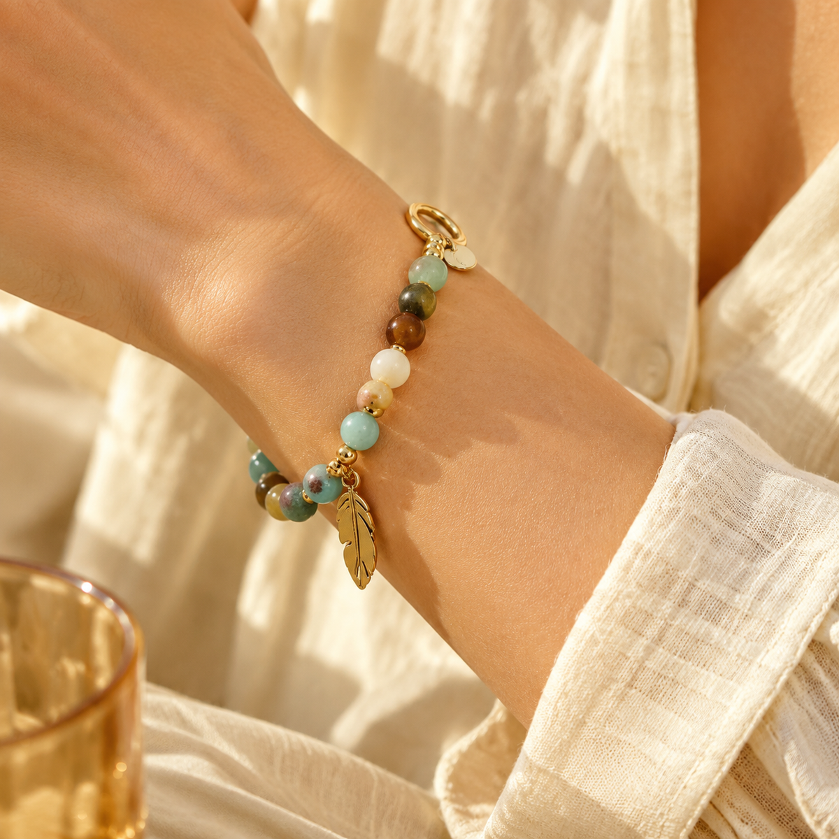 Women's Boho Beaded Gemstone Feather Toggle Bracelet
