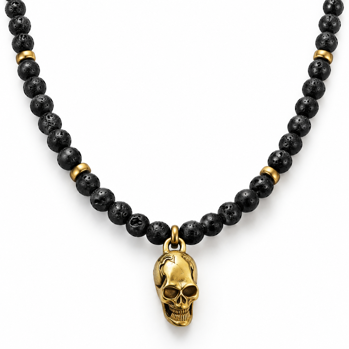 Men's antique gold skull and black lava stone beaded pendant necklace
