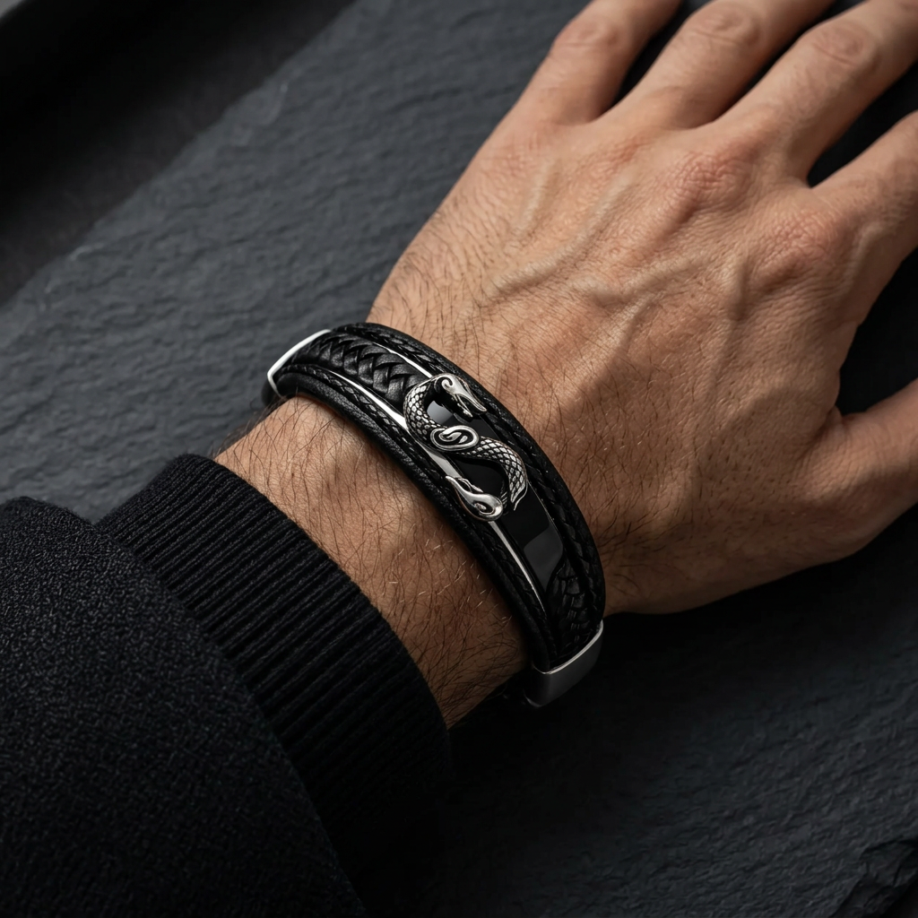 Male wrist resting on black slate wearing Viking dragon braided leather bracelet
