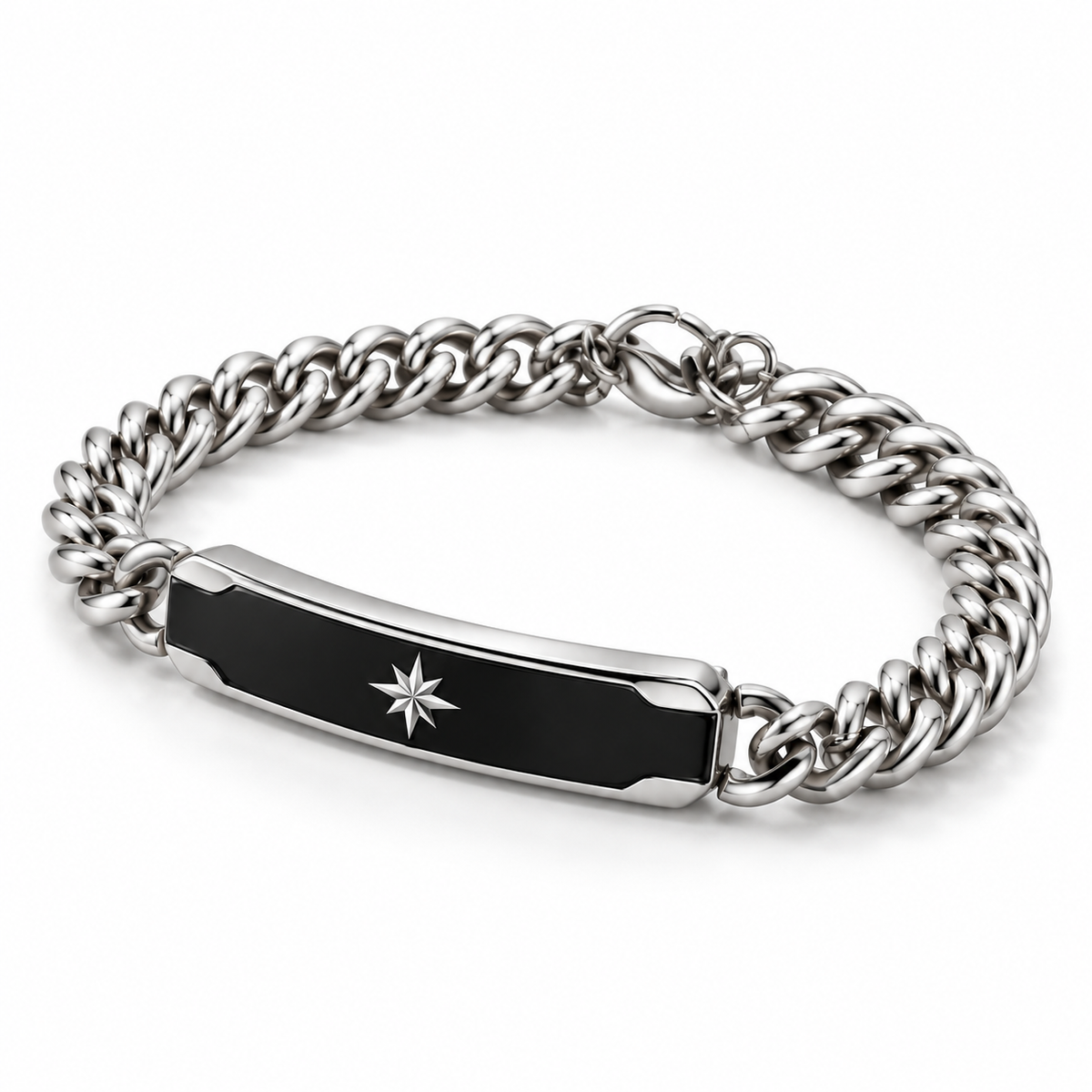 Angled studio view of men's stainless steel Cuban chain black enamel North Star ID bracelet
