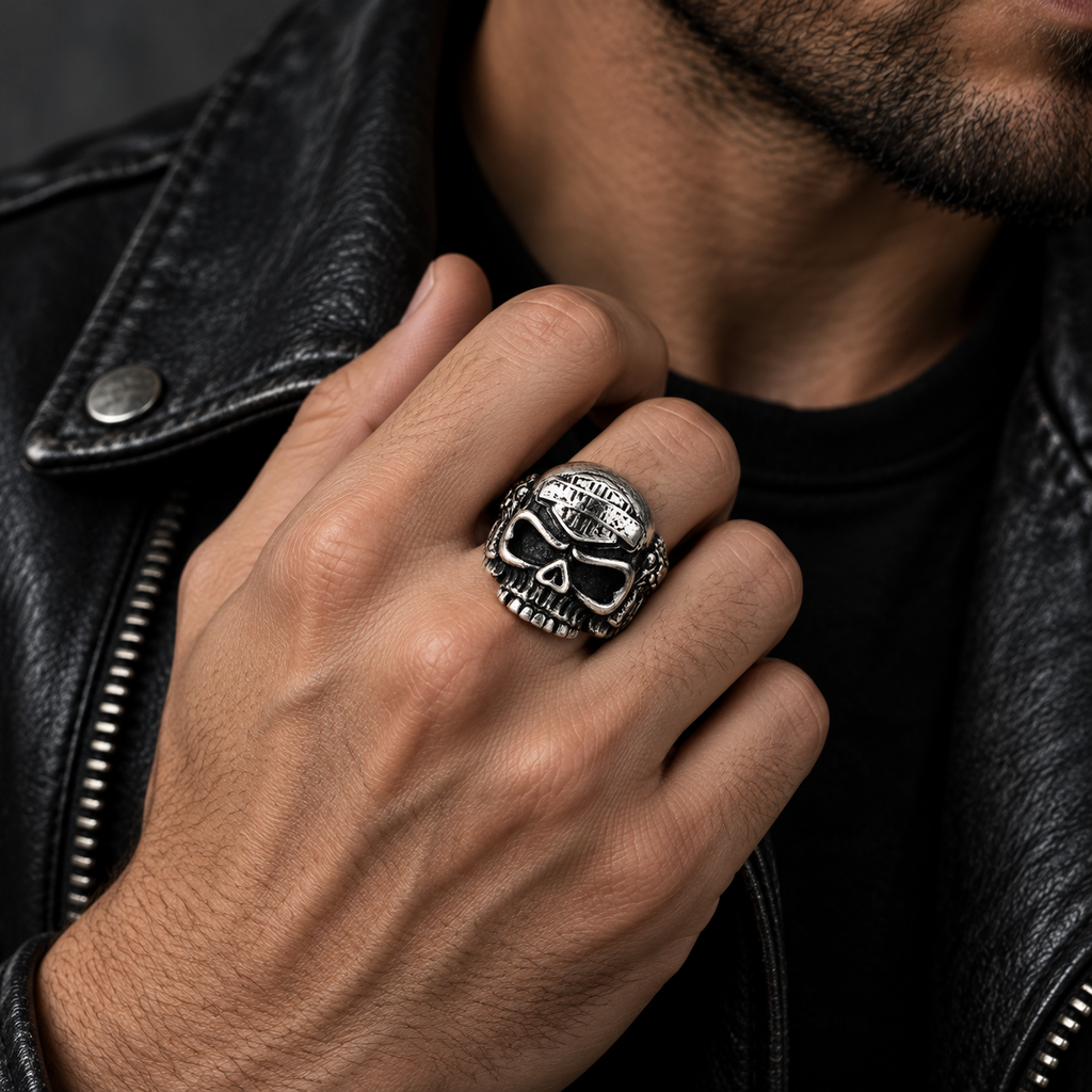 Lifestyle shot of male model wearing vintage biker skull statement ring with black leather jacket