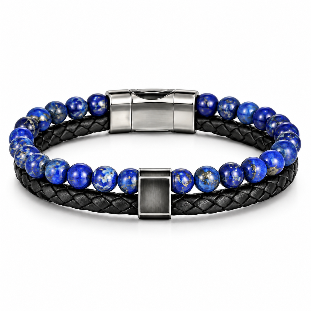 Men's Double-Strand Lapis Lazuli Beaded Leather Bracelet with stainless steel slide bead on white background

