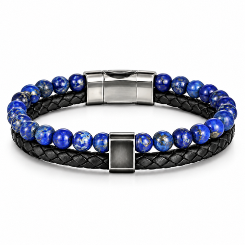 Men's Double-Strand Lapis Lazuli Beaded Leather Bracelet with stainless steel slide bead on white background
