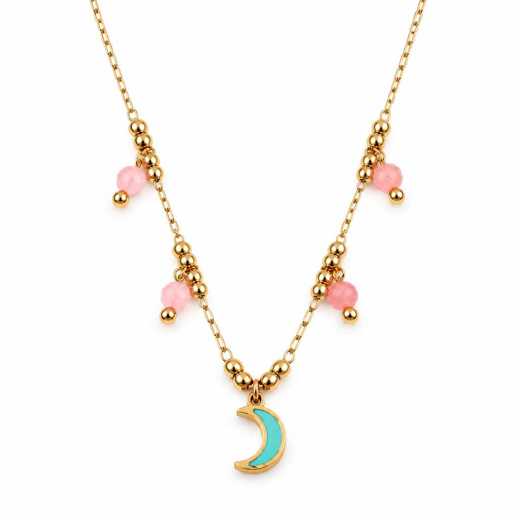 Women's Beaded Enamel Evil Eye & Crescent Moon Necklace