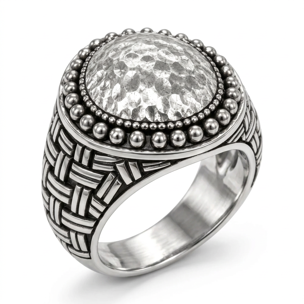 Angled view of artisan hammered oval dome ring showing beaded halo border and side texture
