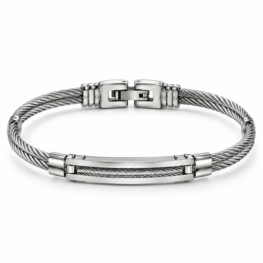 Men's stainless steel twisted cable ID bangle bracelet with open center cable inset
