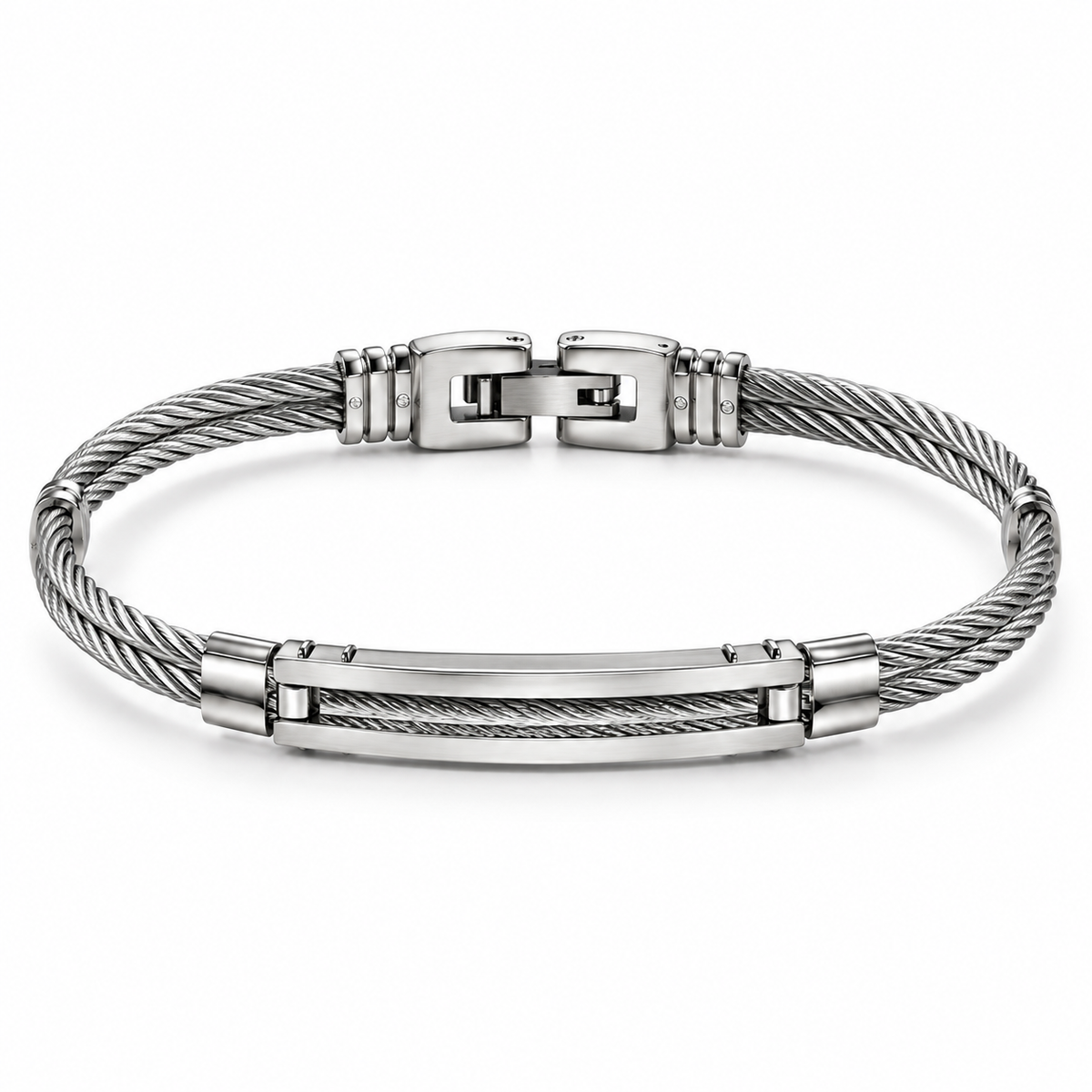 Men's stainless steel twisted cable ID bangle bracelet with open center cable inset
