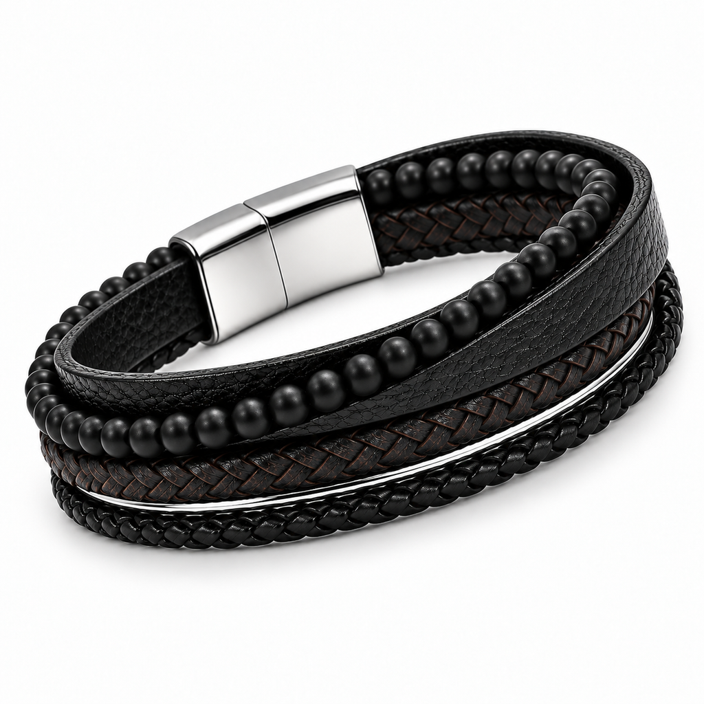 Angled view of Men's black beaded leather bracelet showing magnetic clasp on white background
