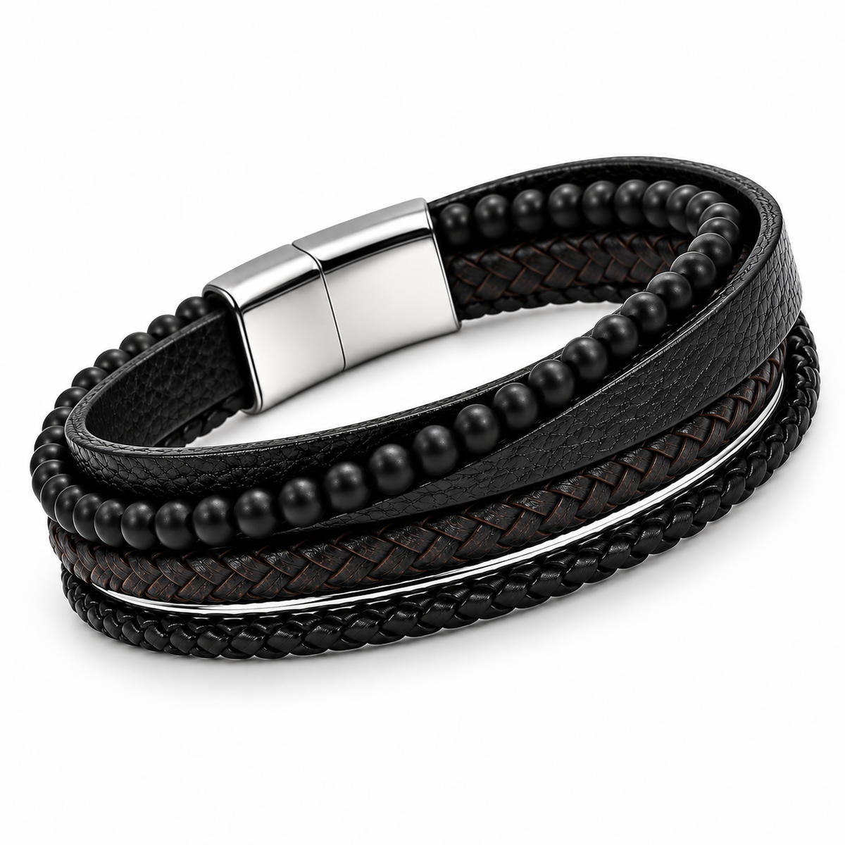 Angled view of Men's black beaded leather bracelet showing magnetic clasp on white background
