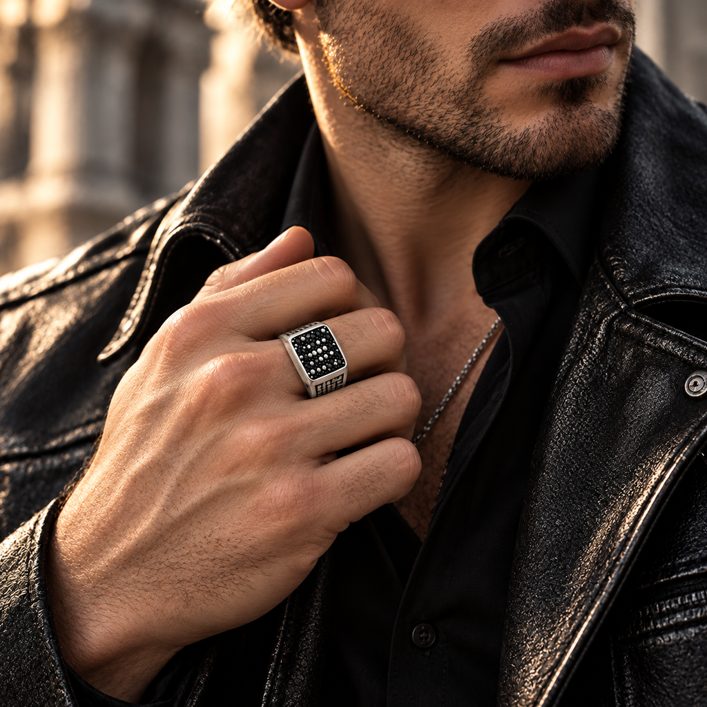 Angled view of heavy-duty distressed stainless steel signet ring for men
