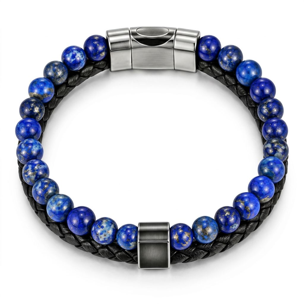 Angled view of Men's double-strand blue lapis leather bracelet showing magnetic clasp on white background
