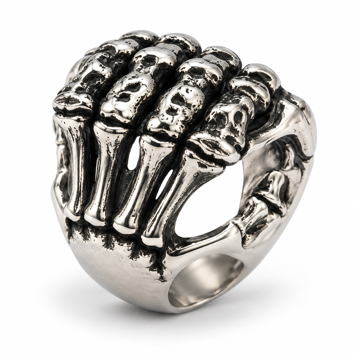 Side profile of gothic skeletal bone claw ring
