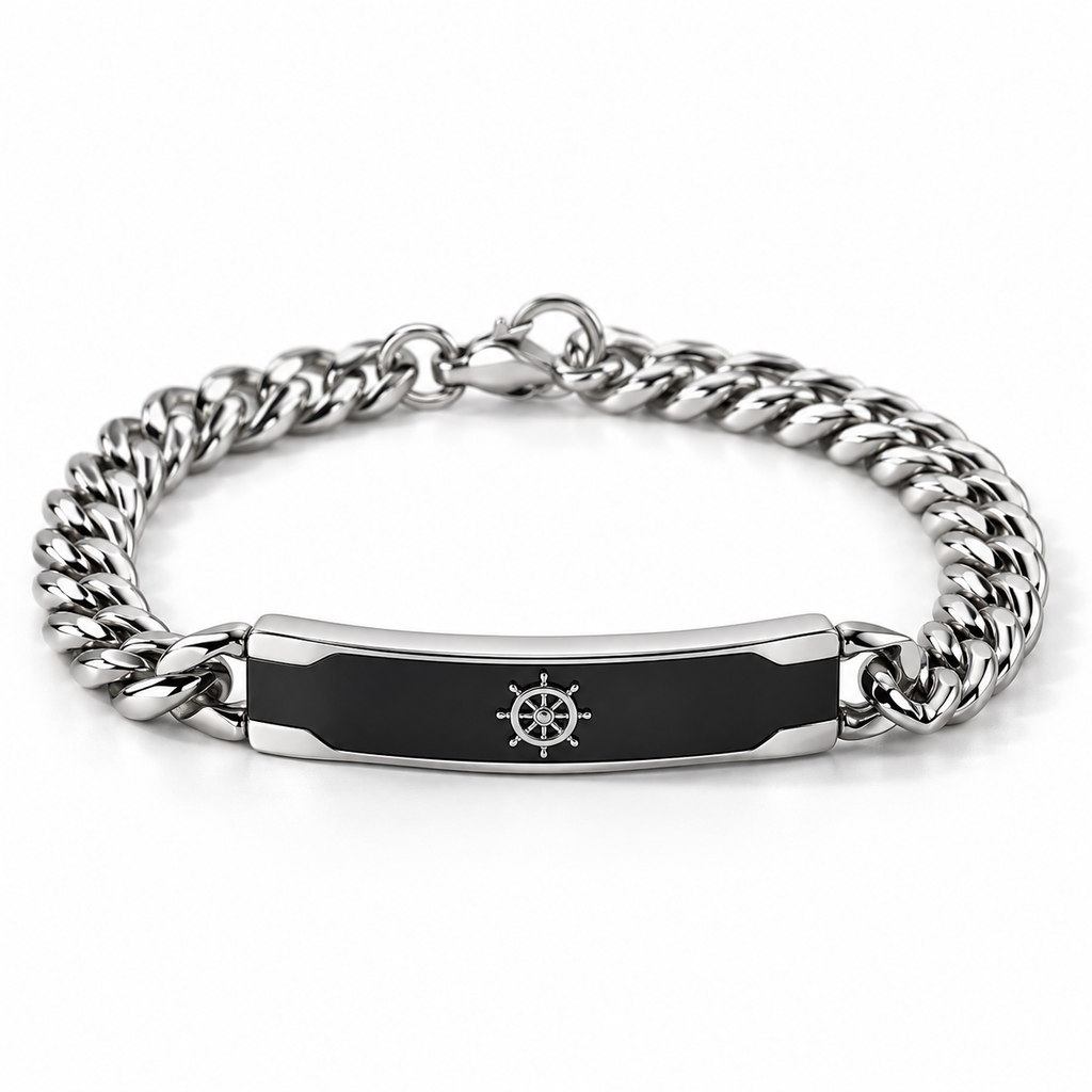 Men's Cuban Curb Chain Black Enamel Ship's Wheel Helm ID Bar Bracelet