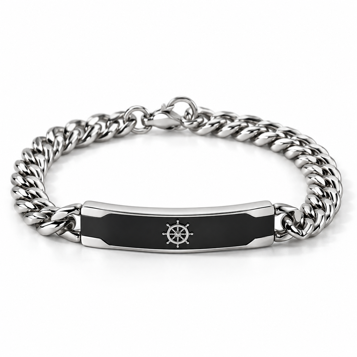 Men's Cuban Curb Chain Black Enamel Ship's Wheel Helm ID Bar Bracelet – Stainless Steel Jewelry